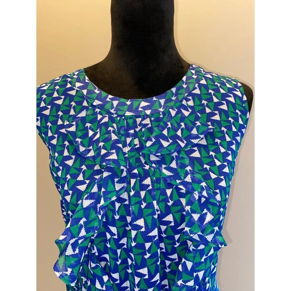 Duro Olowu Blouse  Size XL‎ Sleeveless Sheer Blue Green Geometric Pattern Zipper